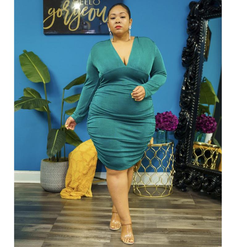 

Plus Size Dresses Bodycon Dress 2022 Autumn Winter Velvet Long Sleeve Party Women Sexy V Neck Slim Evening Club Green 4XL, Black