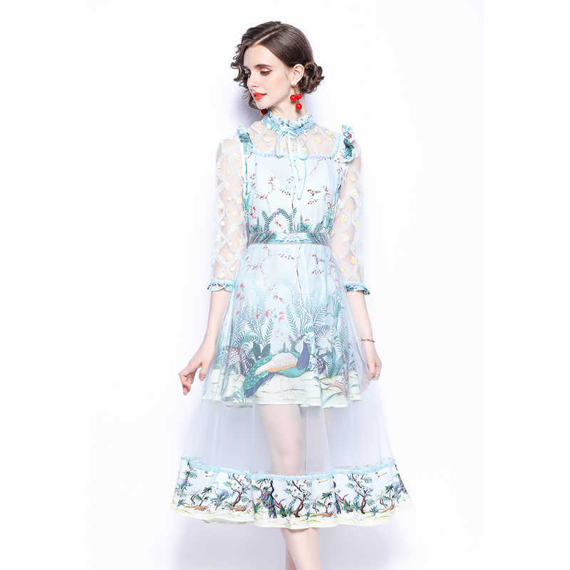 

Women Summer Designer Elegant Mesh Print Ruffles Sexy Slim Cocktail Party Robe Female Vintage Sky Blue Midi Dress Vestidos 210525