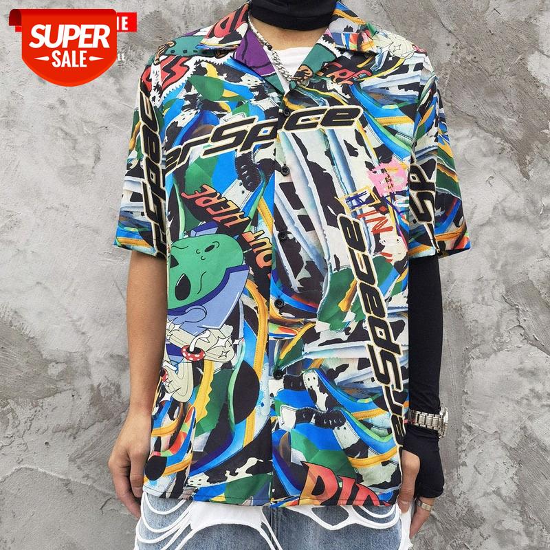 

TKPA American West Coast style hip-hop loose shirt alien graffiti print short-sleeved men #mw2z, White;black