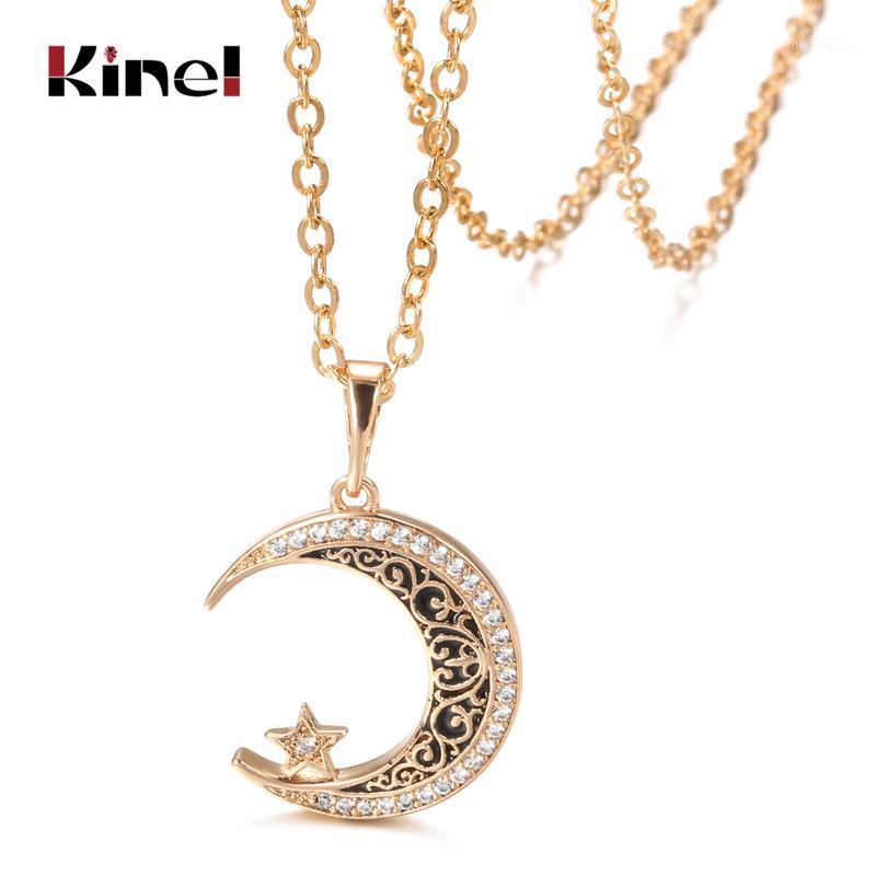 

Kinel Arrivals 585 Rose Gold Moon Pendant Necklace Black Enamel White Natural Zirconia Wedding Jewelry For Women Cute Gift Chains