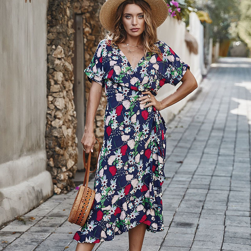 

Women long summer dresses Female short sleeve ruffles Women' Dress sweet female Slim pleated 210524, Navy blue