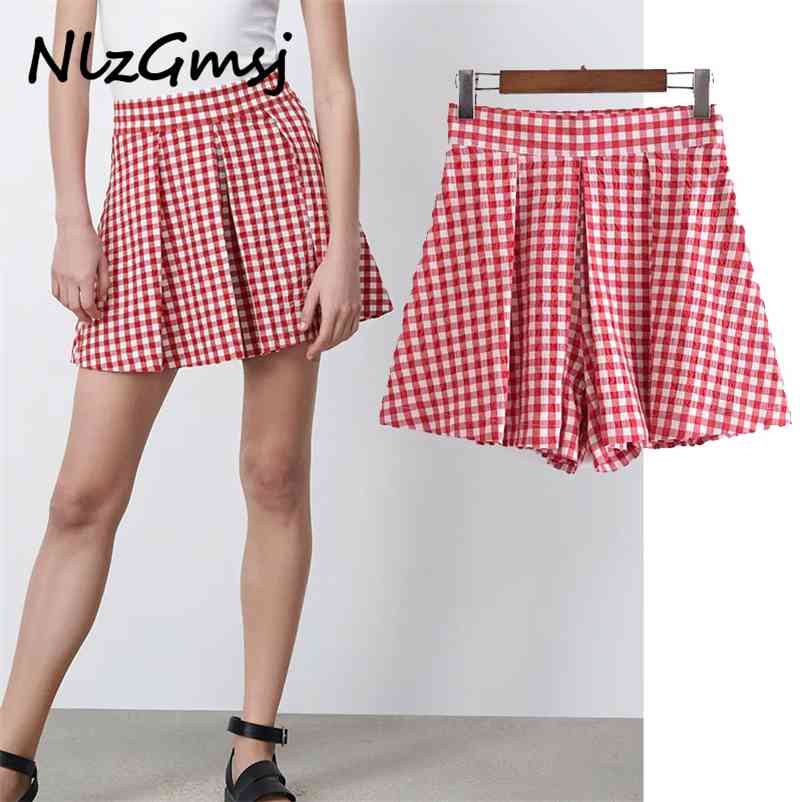 

Women Shorts Vintage Plaid High-Waisted Woman Pleated Loose Skirt With Chic Casual Clothes 03 210628, Photo color