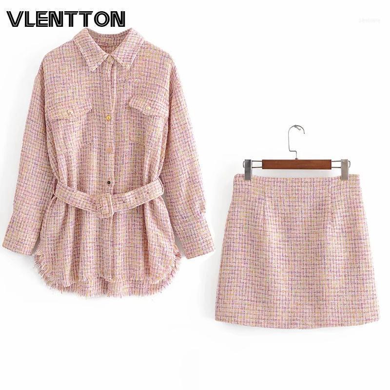 

Spring Autumn Women Vintage Plaid Tweed 2 Piece Sets With Sashes Loose Jackets Coat+Mini Skirts Suits Female Tops Outfits1, Gray