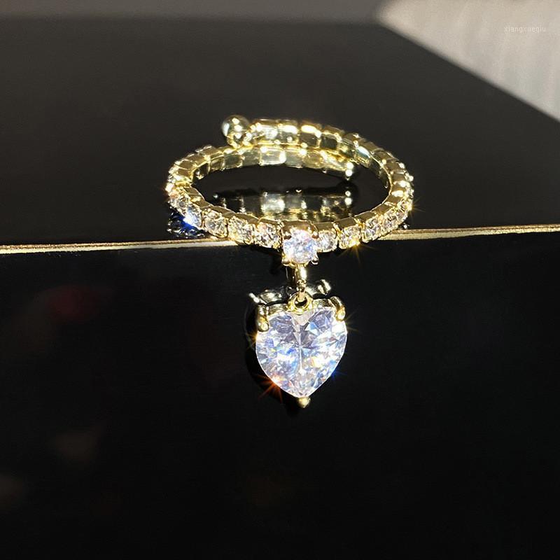 

Cluster Rings FYUAN Shine Heart Pendant Crystal For Women Bijoux Adjustable Geometric Rhinestones Weddings Party Jewelry, Golden;silver