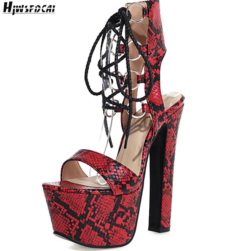 

Hjwsfdcai Super High Heels Women Sexy Nightclub Shoes Metal Decor Cross Tied Female Fish Mouth Chunky Heel Mujer Footwear Dress, Black