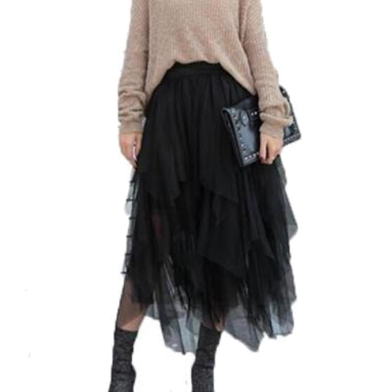 

Skirts Fashion Elastic High Waist Long Tulle Skirt Women Irregular Hem Mesh Tutu 2022 Spring Party Ladies Faldas ZY3495, Black