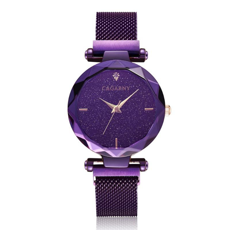

Wristwatches Cagarny Fashion Quartz Watch For Women Ladies Dress Watches Purple Stainless Steel Mesh Band Starry Sky Magnet Female Clock, Black