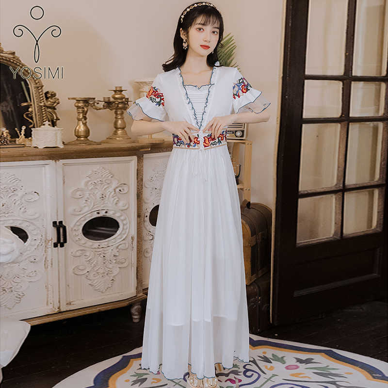 

YOSIMI Summer Floral Embroidery White Chiffon Long Women Dress Evening Party Strapless Mid-calf Short Sleeve Elegant 210604
