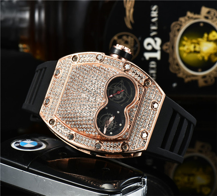 

7-Mens Watches multicolor silicone bracelet full of diamond surface sports and leisure quartz movement watch stainless steel case, No watch