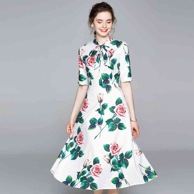 

Summer Fashion Runway Women Rose Floral Print Dress White Elegant Bow Tie Ladies Short Sleeve Party Dresses 210520, Photo color