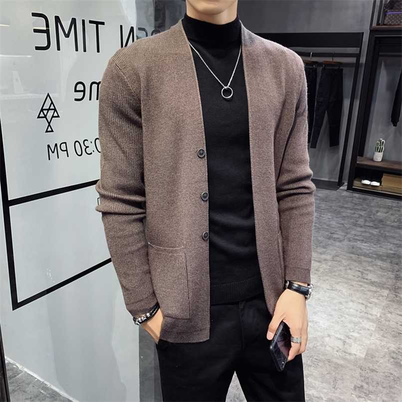 

Autumn Cardigan Men Clothing Fashion Button Decor Korean Sweater Men Front Pocket Loose Casual Mens Cardigan 3Color 3XL 211018, Black