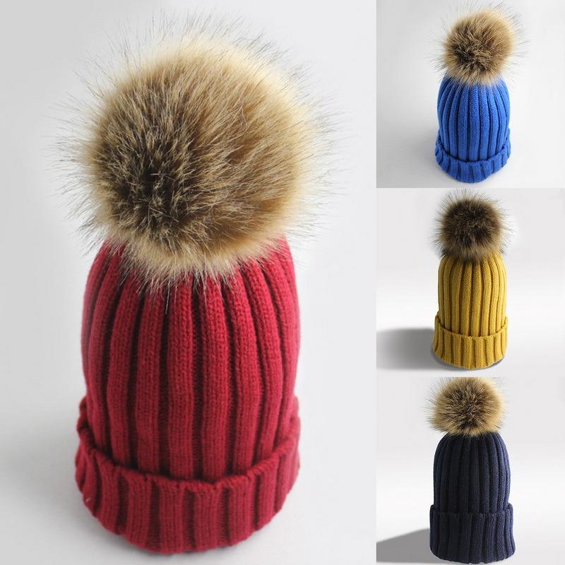 

Beanies 2021 Children Real Raccoon Fur Ball Hats Plus Velvet Winter Hat For Kids Boy Girl Warm Pom Poms Ski Pompoms