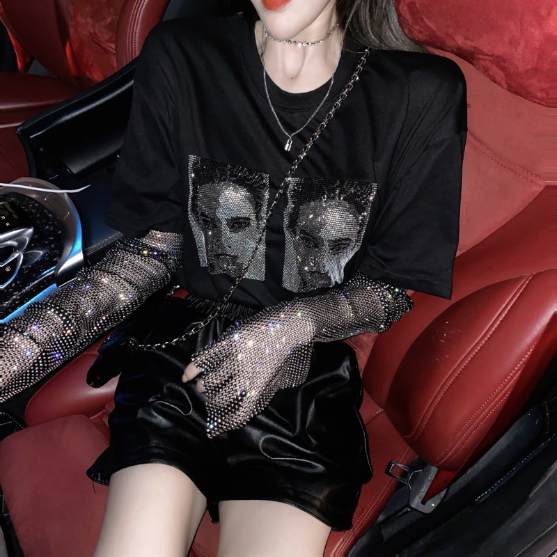 

Glitter Diamond Mesh Black T Shirt Oversized Korean Black Sexy T-shirt Women Summer Tee Shirt Harajuku Tshirts 210518