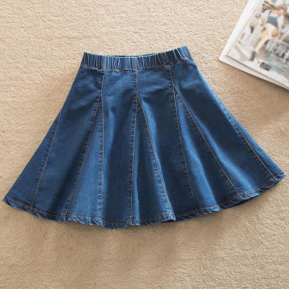 

7xl 8xl plus size denim womens skirt elastic waist aline pleated mini jeans preppy style blue summer casual lolita skirts, Black