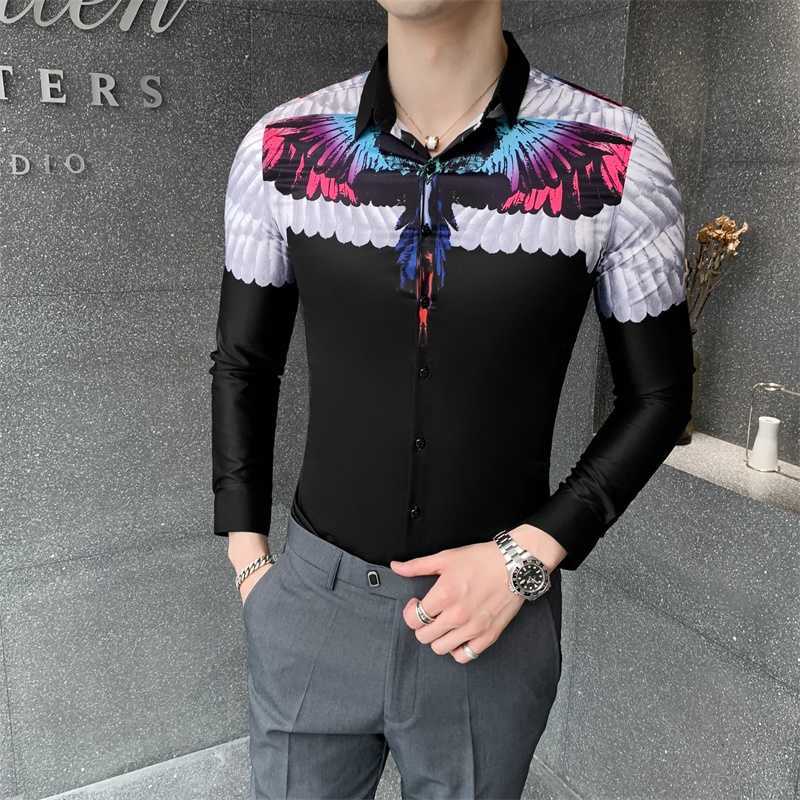 

Luxury Shirts for Men Print Long Sleeve Camisa Masculina Slim Fit Streetwear Casual Shirts Social Party Blouse Chemise Homme 210527, Black