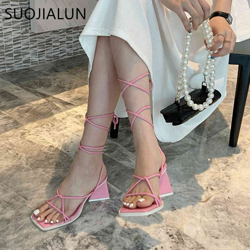 

SUOJIALUN Summer Women Sandals Fashion Narrow Band Ankle Strap Sandals Ladies Elegant Sriangle High Heel Dress Pumps Shoes K78, Black