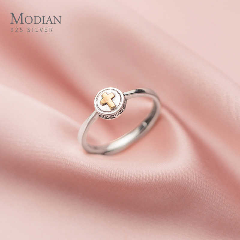 

Lovely Mini Cross Vintage Pattern Round 100% 925 Sterling Silver Free Size Opening Ring for Women Fine Jewelry 210707