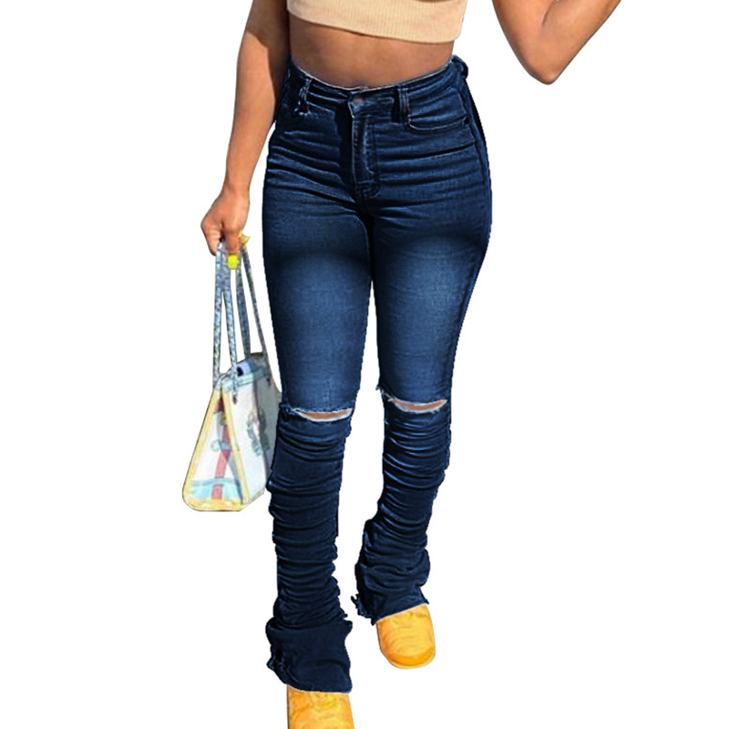 

womens jeans streetwear ruched ripped jeans blue high waist stacked denim pants autumn stretch skinny pockets boyfriend denim trousers