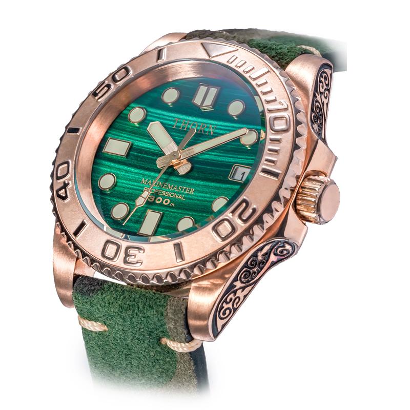 

Wristwatches Tin Bronze Carved Yacht Malachite Texture Enamel Glossy Super C3 Luminous Retro Diving Watch, Hg