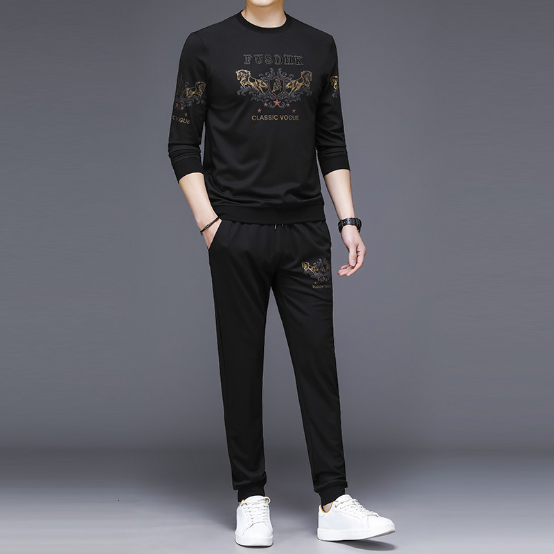 

men's t shirts casual suit 2021 spring long sleeve t-shirt korean pants two piece set, White;black