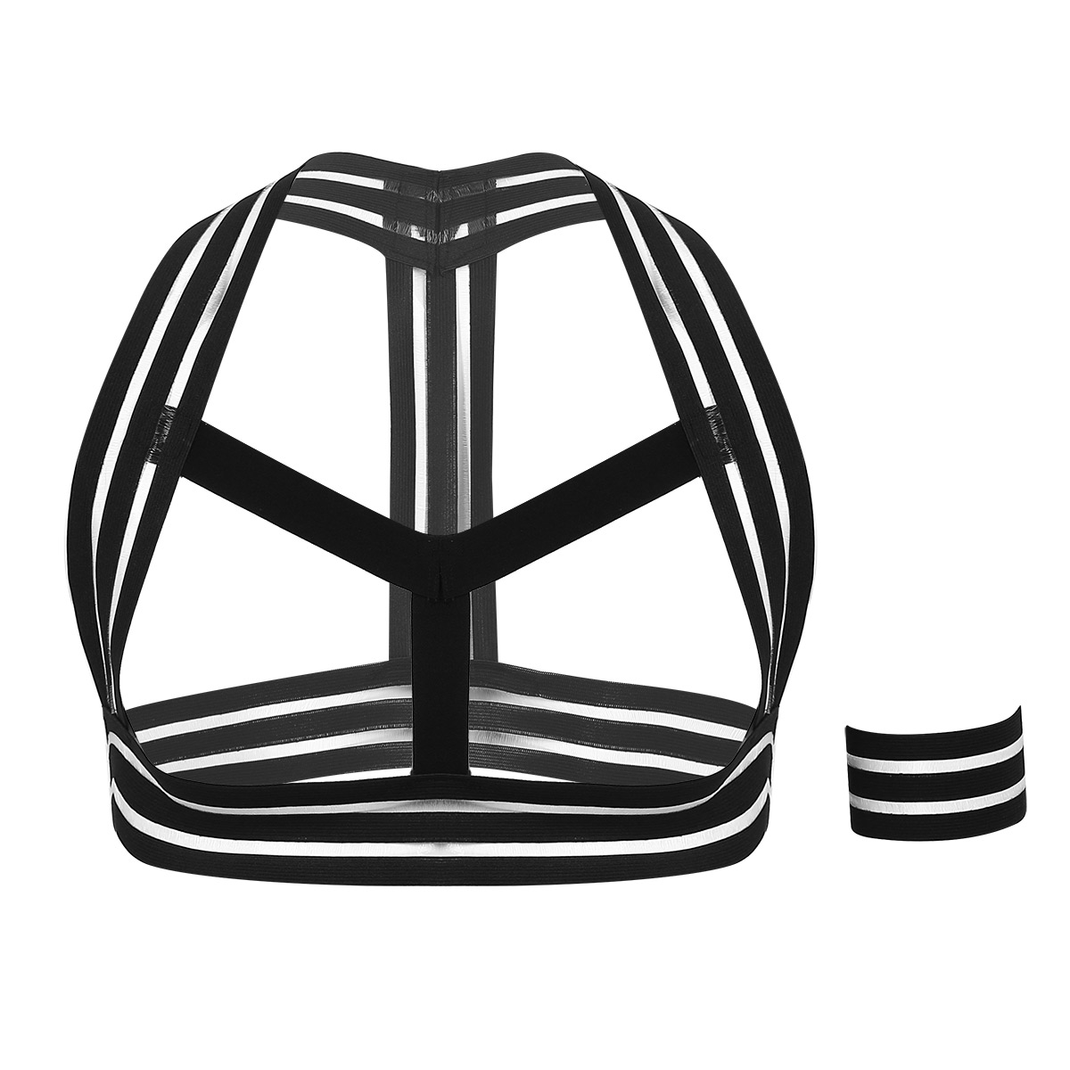

Mens Bondage Tops Elastic Striped Body Chest Harness Belt Shoulder Support Brace Muscle Straps with Armband Costumes Clubwear