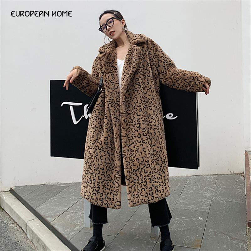 

Women's Fur & Faux Winter Women Coat Fashion Leopard Long Loose Lapel OverCoat Thick Warm Plus Size Female Plush Coats LR386, Black