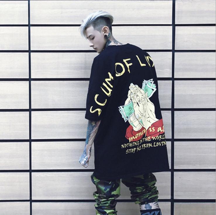 

Men's T-Shirts Summer Money hand letter printed hip-hop's short sleeve street Casual loose T-shirt couple men's and women's tees T, Black