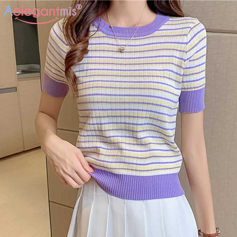 

Aelegantmis Women Striped Knitted Pullovers Sweaters Female Short Sleeve Knit Primer Shirt Ladies O Neck Casual Knitting Jumpers 210607, Orange