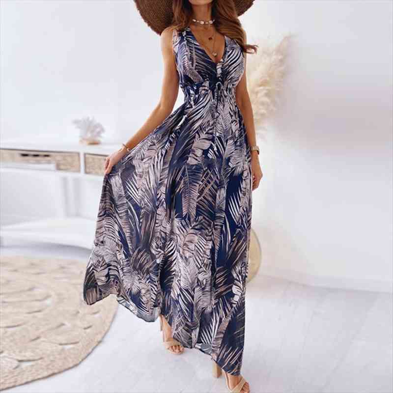 

deep v neck boho beach long dresses summer elegant printed sleeveless maxi dress fashion women lace-up backless party dress, Black;gray