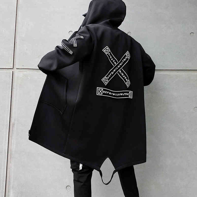 

men's jackets fojaganto autumn hooded mid-length trendy windbreaker pure color hip-hop high street loose cardigan men jksf, Black;brown