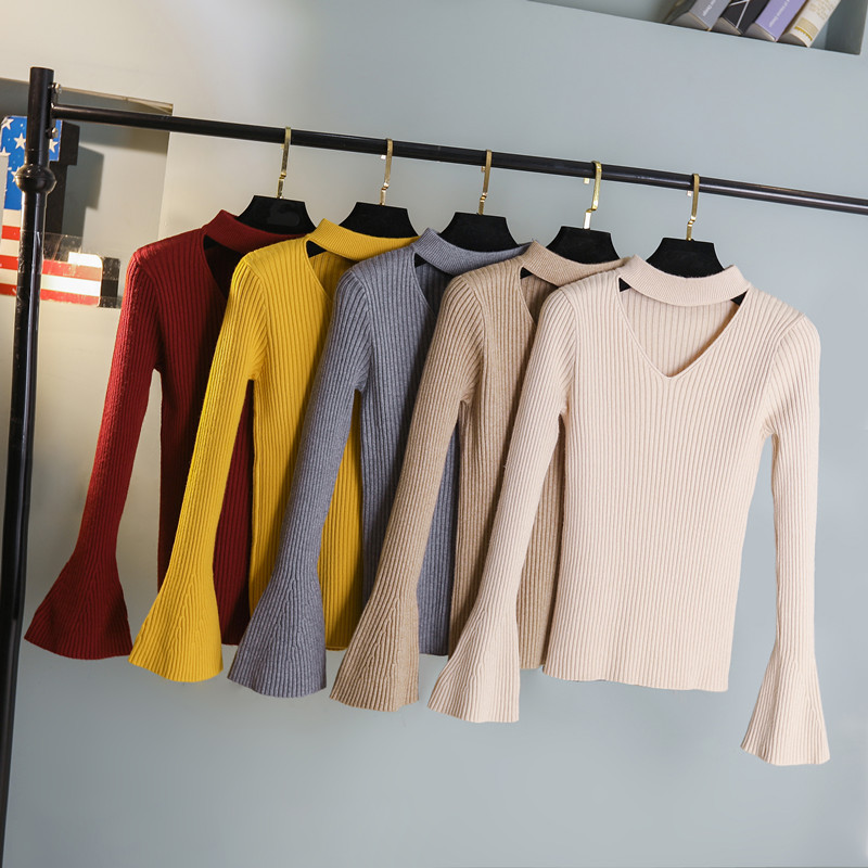 

Fall Winter Chic V Neck Fashionable All Match Slim Fit Flared Sleeve Sweater Women's Long Sleeved Bottoming Shirt Top 210520, White