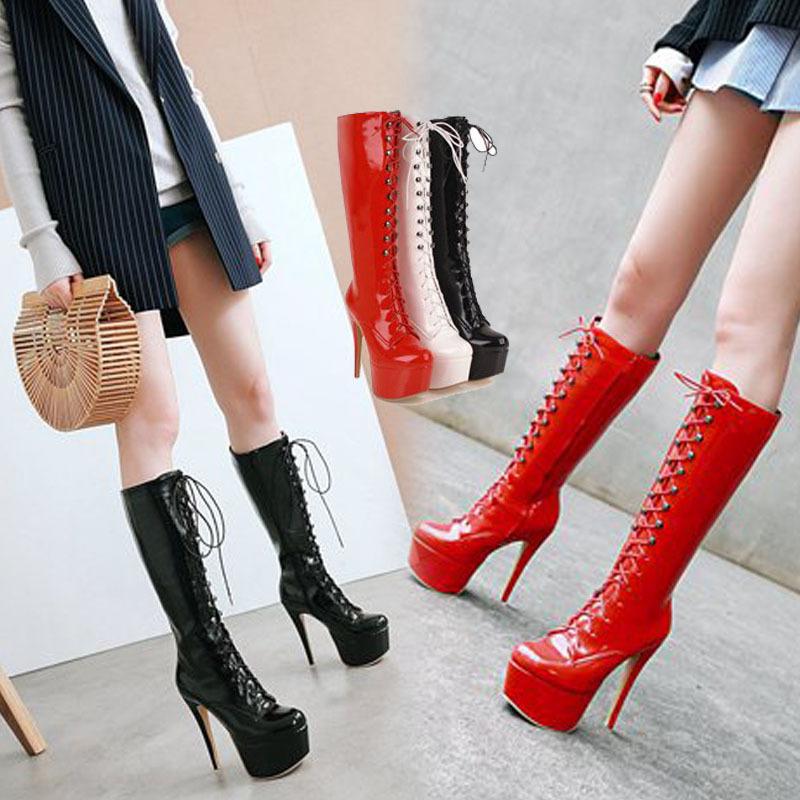 

Boots Season Patent Leather Pu Thickness Bottom Water Platform Super High Fine With Front Chalaza Will Shoes, Black