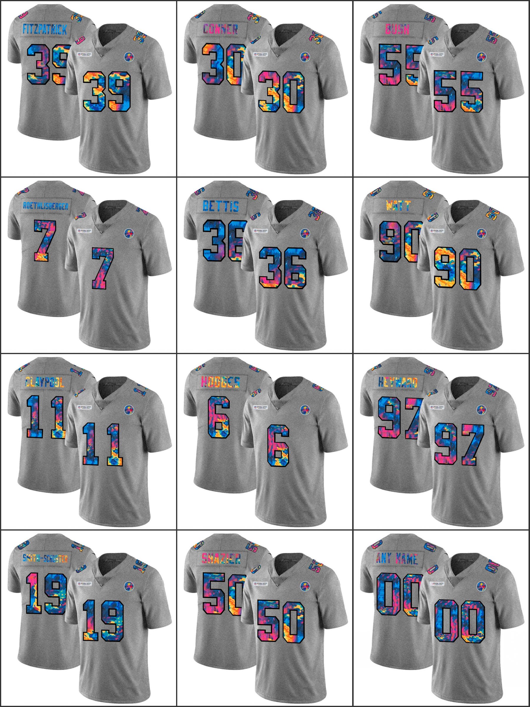 

PittsburghSteelersMen #55 Devin Bush 7 Ben Roethlisberger 90 T.J. Watt Grey heather Multi-Color Women Youth Custom Crucial Catch Jersey, Black