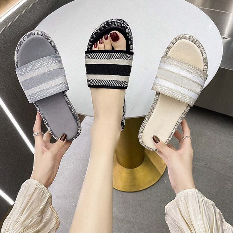 

Blue Oblique Embroidered Jacquard Womens Sandals Cotton Platform Mules Wedge Heel Real Leather Luxury Women Shoes 35-42 f578#, 10