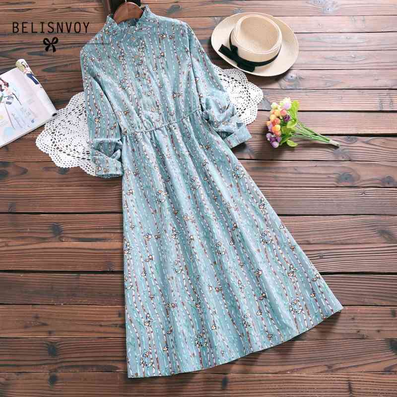 

Mori Girl Robe Femme Autumn Winter Vintage Vestidos Women Elbise Long Sleeve High Waist Floral Printed Corduroy Dresses 210520, Sky blue