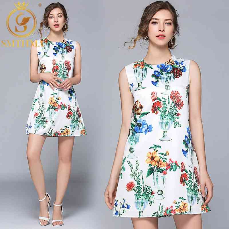 

High Quality Luxury Design Fashion Summer Dress Women's Sleeveless Gorgeous Floral Print Dresses Vestidos 210520, Photo color