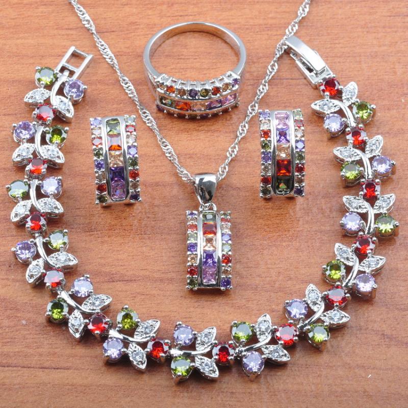 

Earrings & Necklace Luxury For Women Jewelry Set Multicolor Crystal Wedding Sets CZ Pendant Rings Bracelet JS0142, As pic