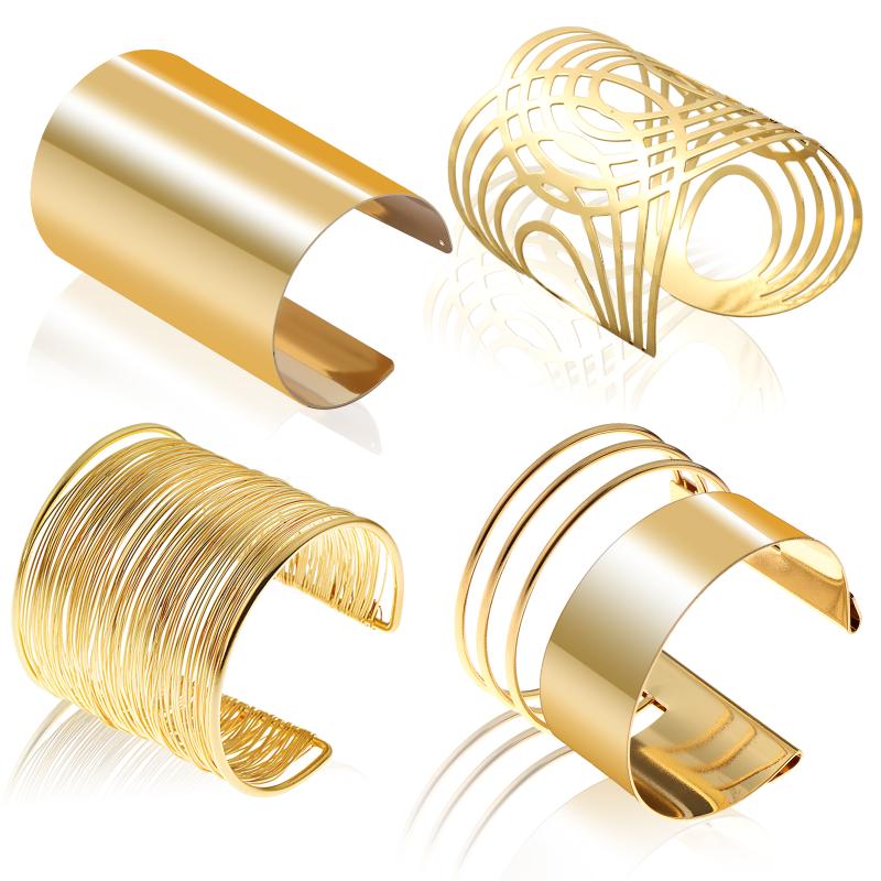 

Bangle 4 Pcs Gypsy Fashion Gold Silver Plated Punk Hip Hop Cuff Open Wide Bangles Arm Bracelet For Women Bracelets