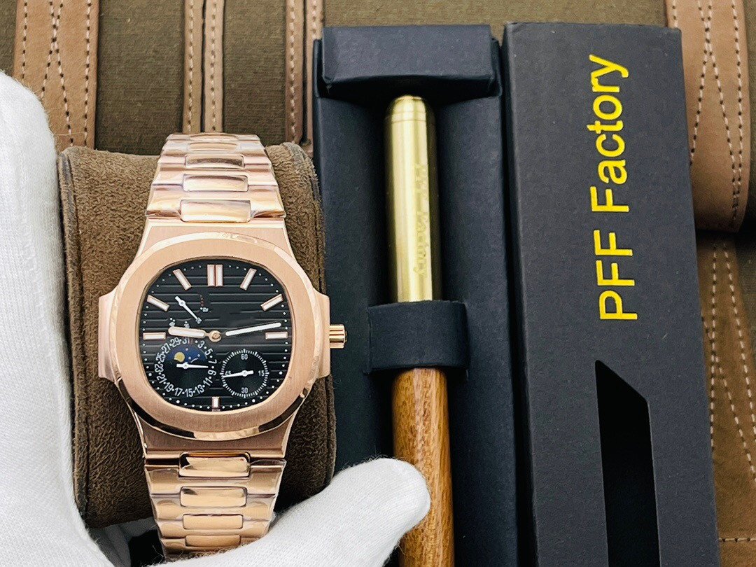 

PFF 5724,watch 40 mm diameter, V3 upgraded 7-character calendar and moon motion display, sapphire glass mirror, 904L fine steel gold plated, As shown