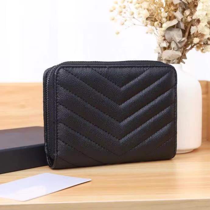 

Card Holders Women Classic Caviar Textured Spun-sewn Real Leather Short Zipper Wallet Coin Purse, Black -black zipper