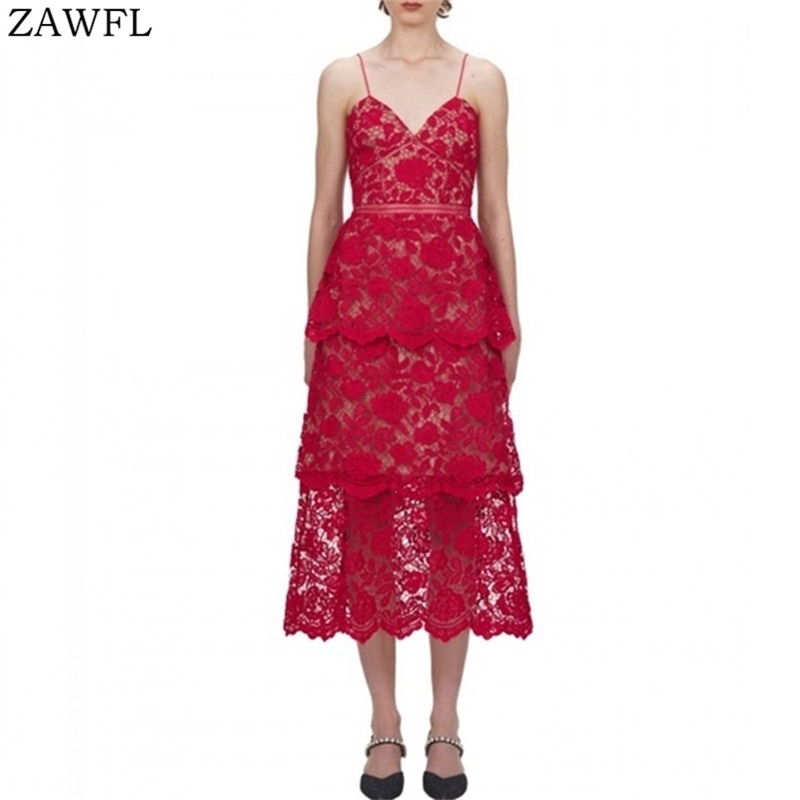 

Sexy Dress woman Party Night HOllow Out V neck Backless Strapless Midi Red Ladies Cake Lace Christmas 210603, Picture color