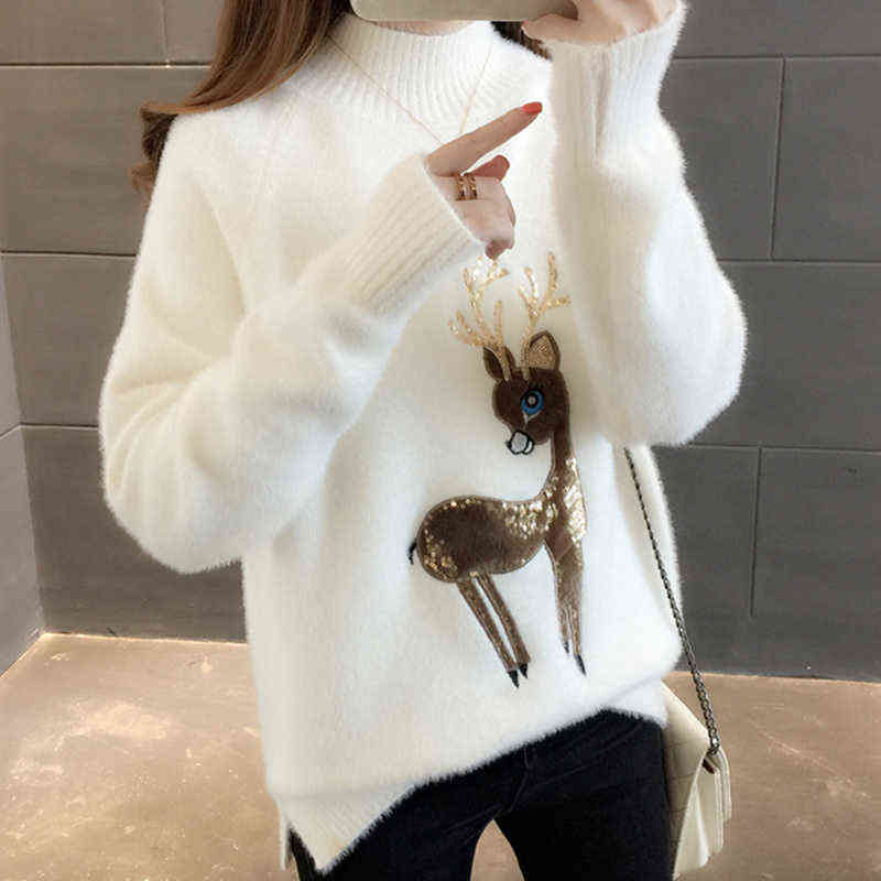 

2021 Cute Sweater Korean Reindeer Ugly Christmas Sweater Women Winter Warm Sweaters Fluffy Cashmere Jumper Turtleneck Pullover H1106, White;black