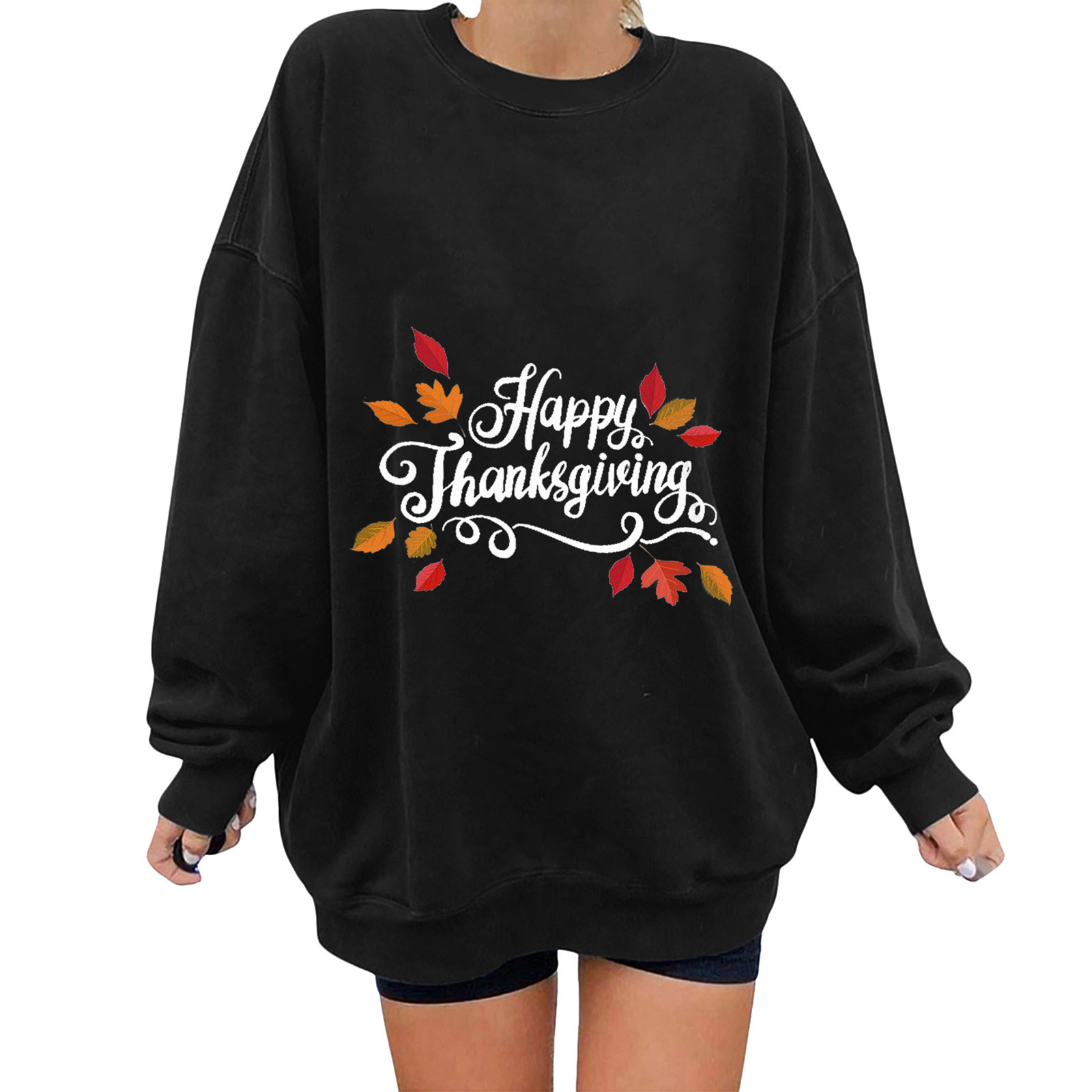 

autumn and winter women's round neck off shoulder sweater pullover printed sweater urban leisure hoodls, Black