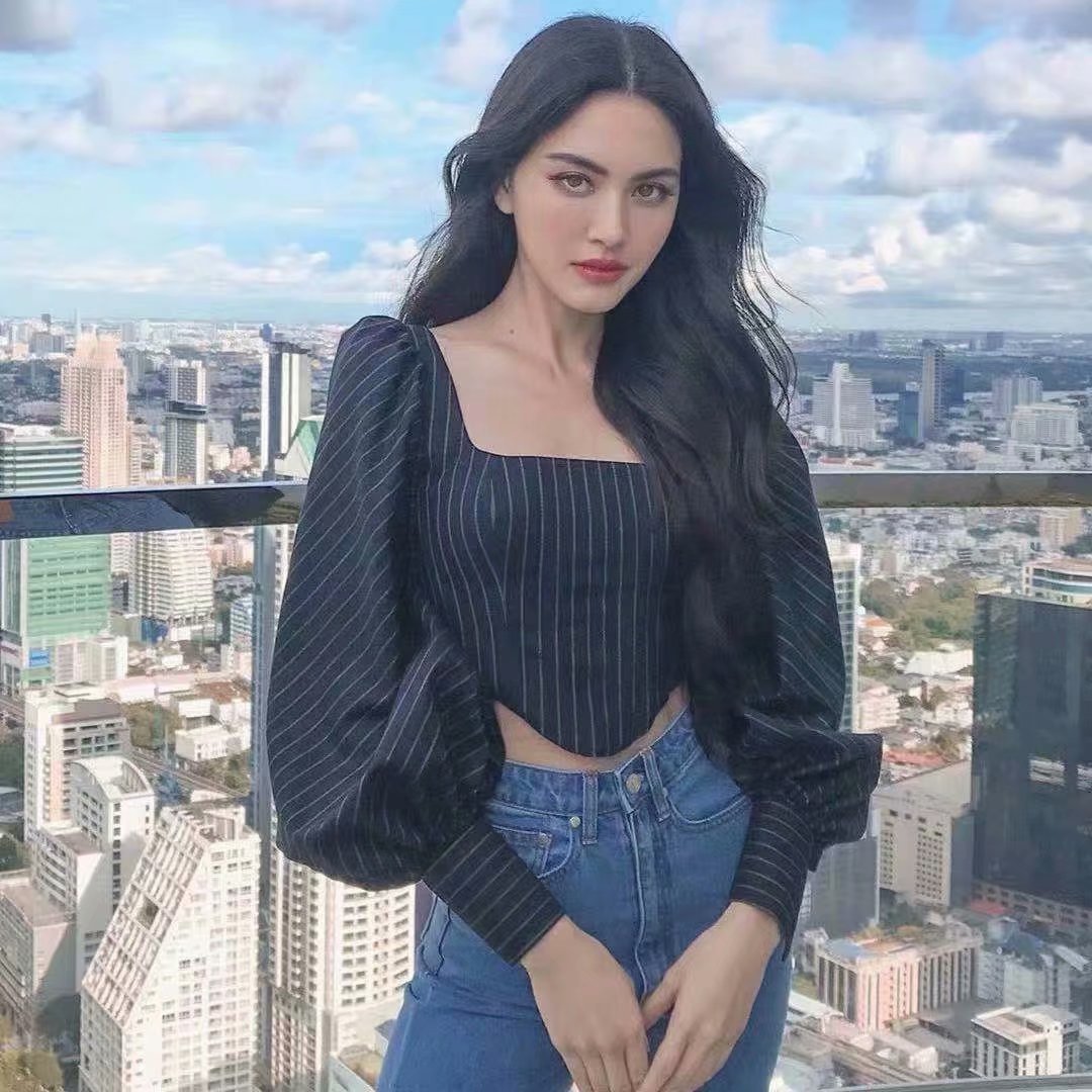 

Elegant Striped Square Collar Blouse Za Retro Simple Streetwear Bodycon Temperament Spring Summer Top Autumn Female Outwear 210521, Black