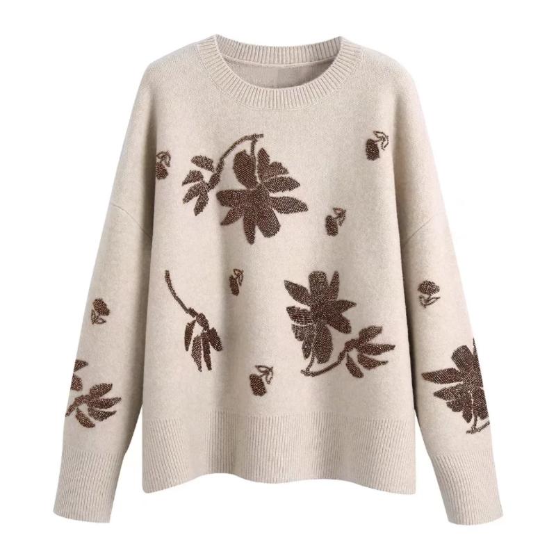 

Women's Sweaters Women Beading Decoration Loose Knitted Sweater Female O Neck Long Sleeve Pullover Casual Lady Tops SW1389, White;black