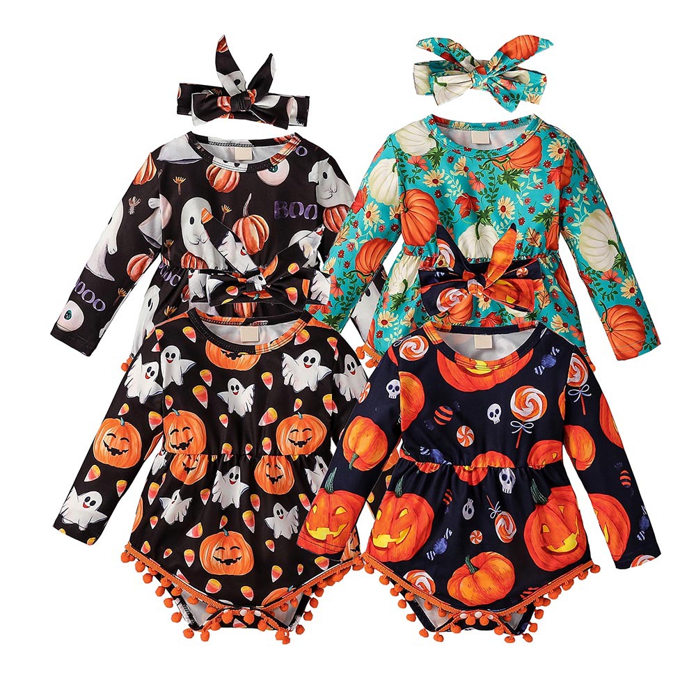 

Kid Boy Girl Romper Headband 2 pcs Jumpsuit Halloween Costume Outfit Long Sleeves Pumpkin Ghost Print Summer Sleeveless Clothes 2021, Mix colors or leave message pls