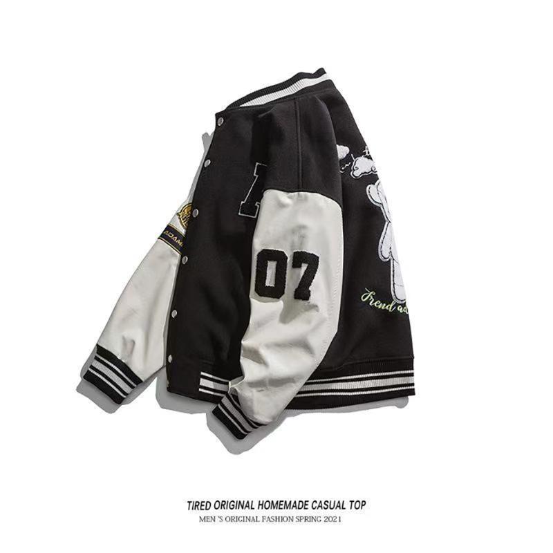 

Men's Jackets 2021 American Fashion Baseball Jacket Cute Bear Patch Text Printing Brand Mens Clothing Autumn Winter Varsity Bomber Coat, Black
