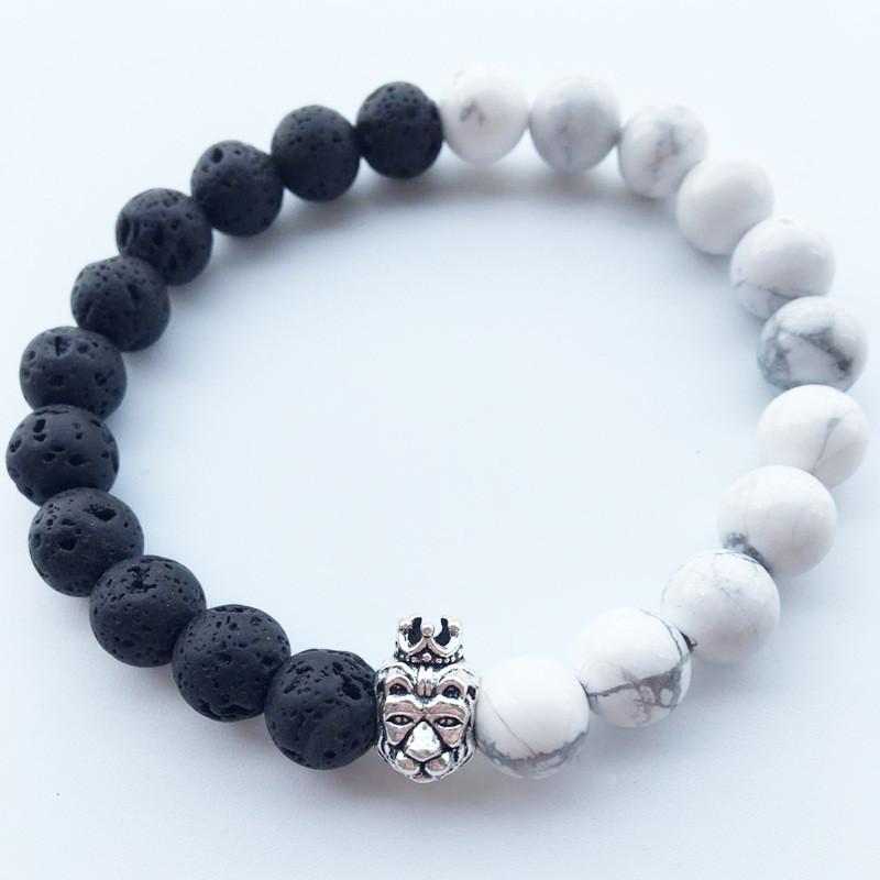

Beaded, Strands Bracelet For Women Men The King Of Beasts Lion With Crown Shape Design Black And White Beads Trinket Drop