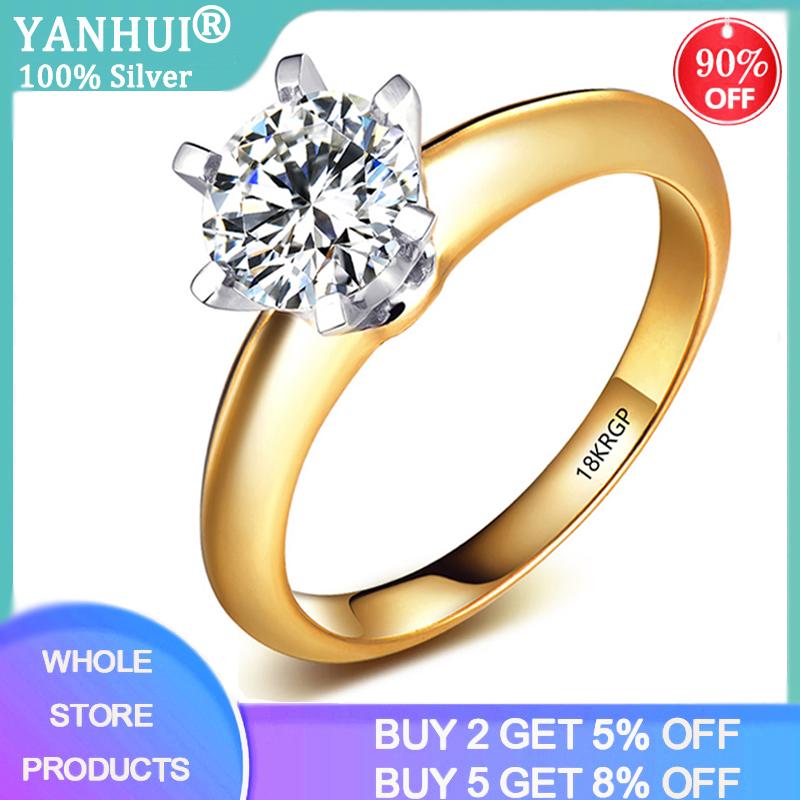 

Cluster Rings Top Quality Silver 925 Ring With 18KRGP Stamp Real Yellow 18K Gold Solitaire 8mm 2.0ct Lab Diamond Wedding For Women, Golden;silver