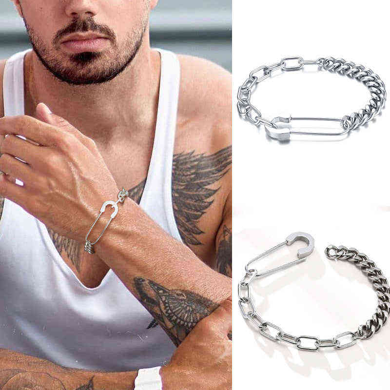 

Man Bracelet,safety Pin Half Cuban Link Chain Bracelet , Rectangle Men Jewelry